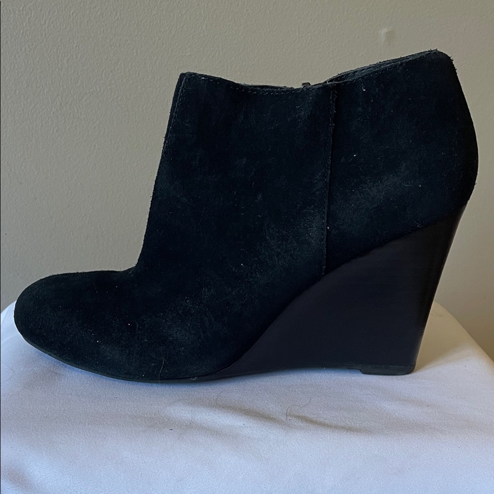 Restricted Black Suede Wedge Ankle Boots EUC in box (faux suede)